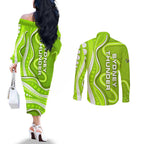 Sydney Thunder Couples Matching Off The Shoulder Long Sleeve Dress and Long Sleeve Button Shirt Aboriginal Dot Art Green White - Tribal Wave Pattern