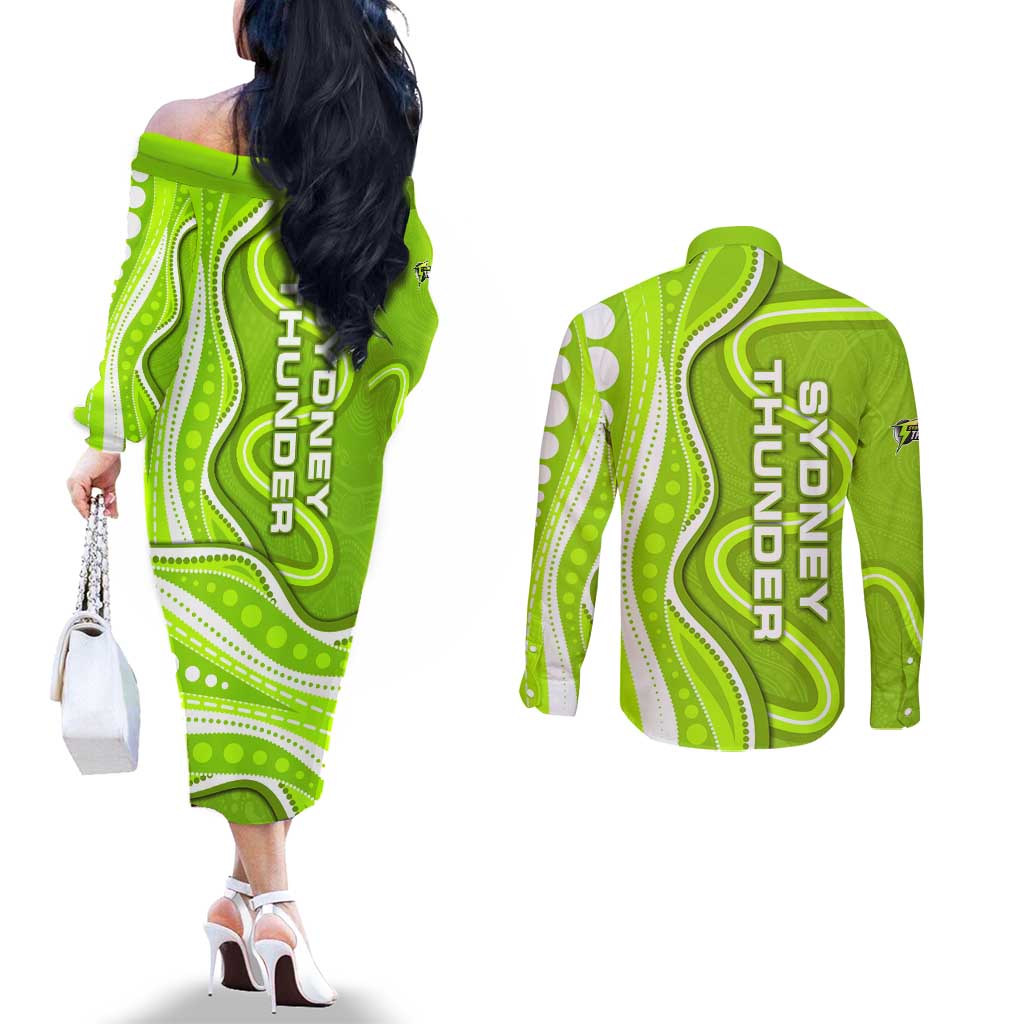 Sydney Thunder Couples Matching Off The Shoulder Long Sleeve Dress and Long Sleeve Button Shirt Aboriginal Dot Art Green White - Tribal Wave Pattern
