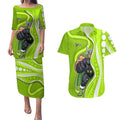 Sydney Thunder Couples Matching Puletasi and Hawaiian Shirt Aboriginal Dot Art Green White - Tribal Wave Pattern