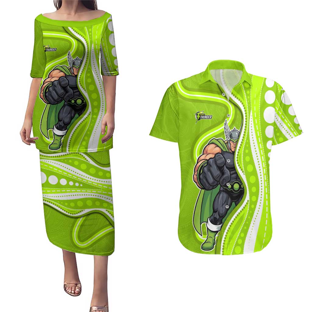 Sydney Thunder Couples Matching Puletasi and Hawaiian Shirt Aboriginal Dot Art Green White - Tribal Wave Pattern