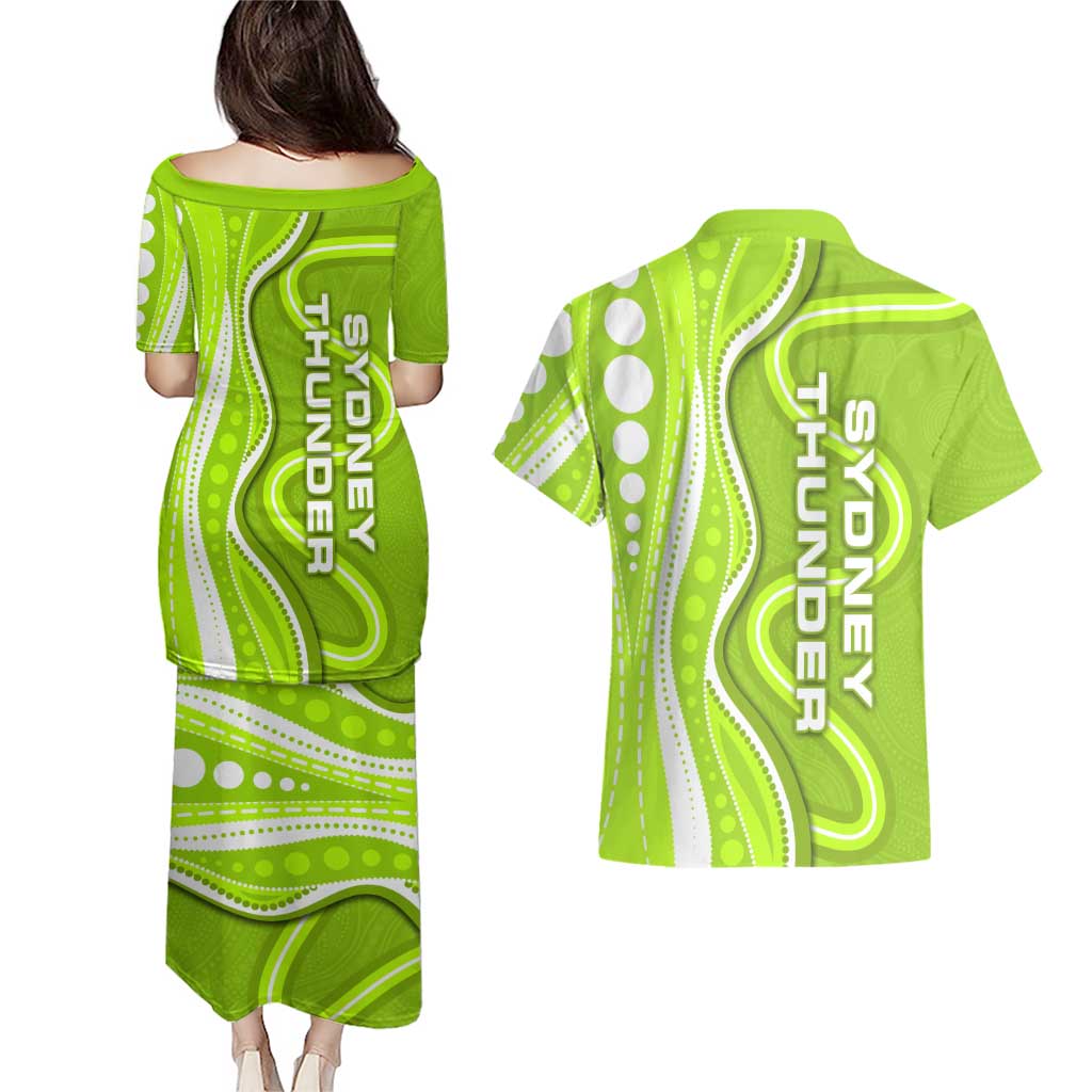 Sydney Thunder Couples Matching Puletasi and Hawaiian Shirt Aboriginal Dot Art Green White - Tribal Wave Pattern
