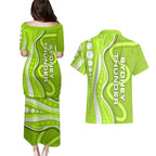 Sydney Thunder Couples Matching Puletasi and Hawaiian Shirt Aboriginal Dot Art Green White - Tribal Wave Pattern