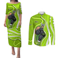 Sydney Thunder Couples Matching Puletasi and Long Sleeve Button Shirt Aboriginal Dot Art Green White - Tribal Wave Pattern