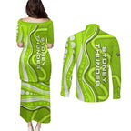Sydney Thunder Couples Matching Puletasi and Long Sleeve Button Shirt Aboriginal Dot Art Green White - Tribal Wave Pattern