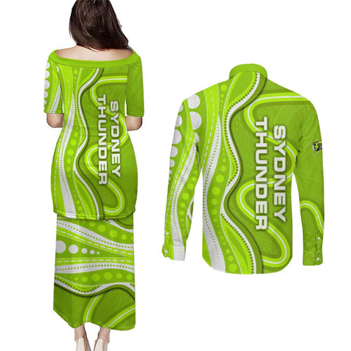 Sydney Thunder Couples Matching Puletasi and Long Sleeve Button Shirt Aboriginal Dot Art Green White - Tribal Wave Pattern