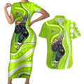 Sydney Thunder Couples Matching Short Sleeve Bodycon Dress and Hawaiian Shirt Aboriginal Dot Art Green White - Tribal Wave Pattern