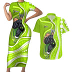 Sydney Thunder Couples Matching Short Sleeve Bodycon Dress and Hawaiian Shirt Aboriginal Dot Art Green White - Tribal Wave Pattern