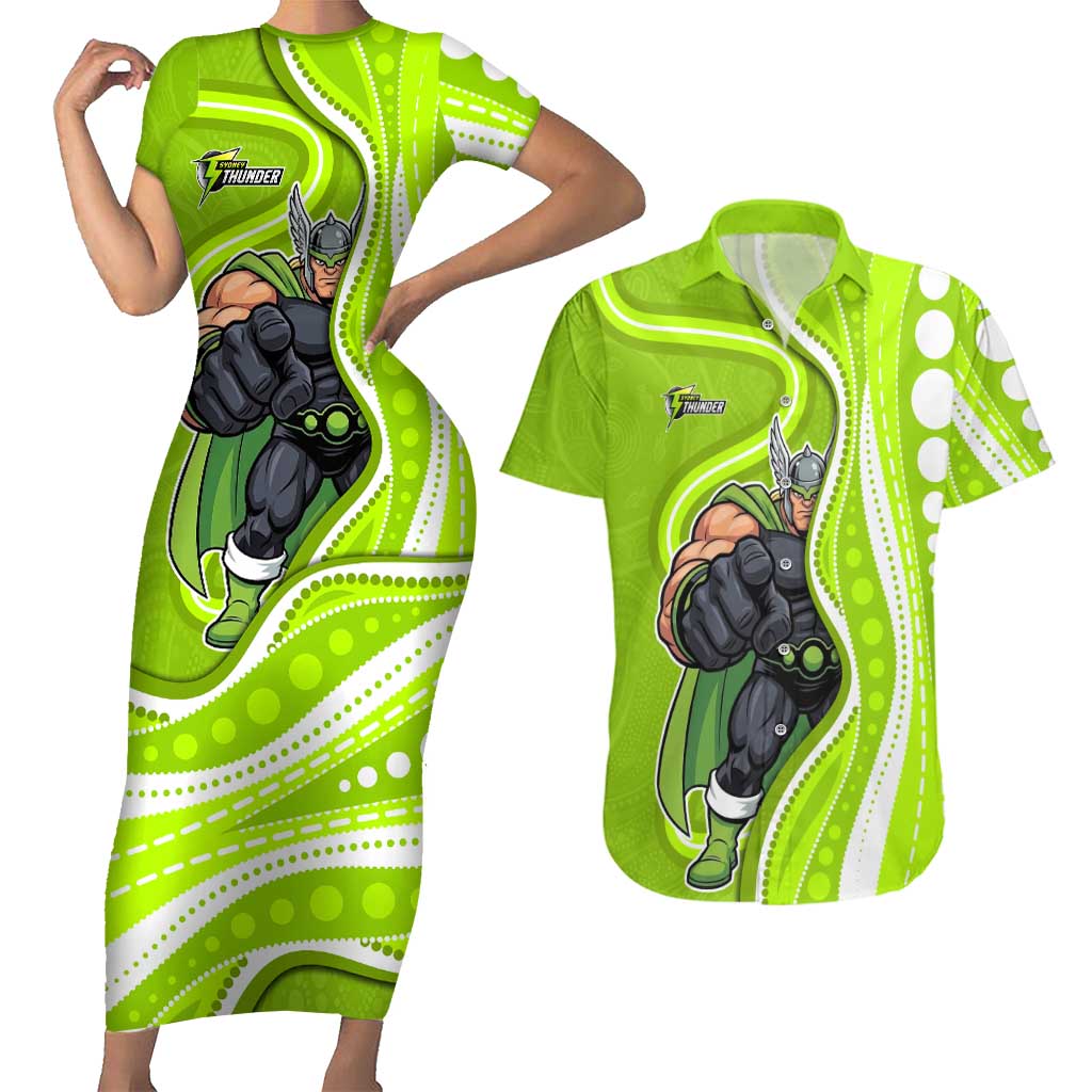 Sydney Thunder Couples Matching Short Sleeve Bodycon Dress and Hawaiian Shirt Aboriginal Dot Art Green White - Tribal Wave Pattern