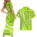 Sydney Thunder Couples Matching Short Sleeve Bodycon Dress and Hawaiian Shirt Aboriginal Dot Art Green White - Tribal Wave Pattern