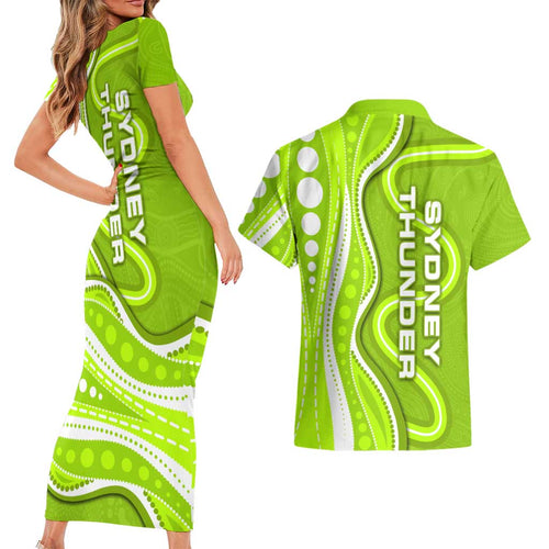 Sydney Thunder Couples Matching Short Sleeve Bodycon Dress and Hawaiian Shirt Aboriginal Dot Art Green White - Tribal Wave Pattern