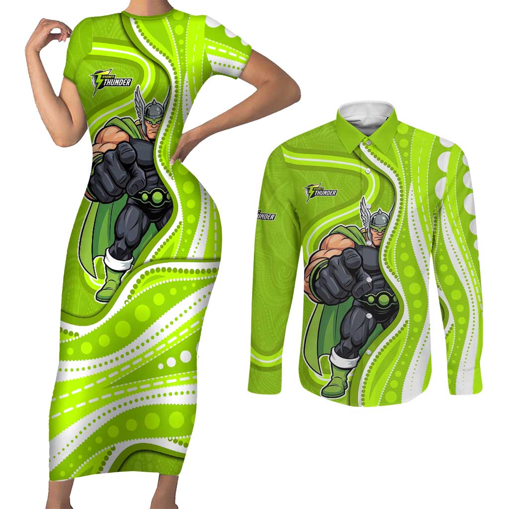 Sydney Thunder Couples Matching Short Sleeve Bodycon Dress and Long Sleeve Button Shirt Aboriginal Dot Art Green White - Tribal Wave Pattern