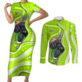 Sydney Thunder Couples Matching Short Sleeve Bodycon Dress and Long Sleeve Button Shirt Aboriginal Dot Art Green White - Tribal Wave Pattern