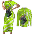 Sydney Thunder Couples Matching Short Sleeve Bodycon Dress and Long Sleeve Button Shirt Aboriginal Dot Art Green White - Tribal Wave Pattern
