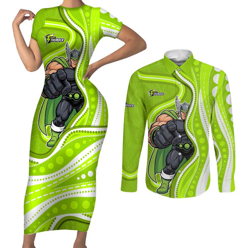 Sydney Thunder Couples Matching Short Sleeve Bodycon Dress and Long Sleeve Button Shirt Aboriginal Dot Art Green White - Tribal Wave Pattern