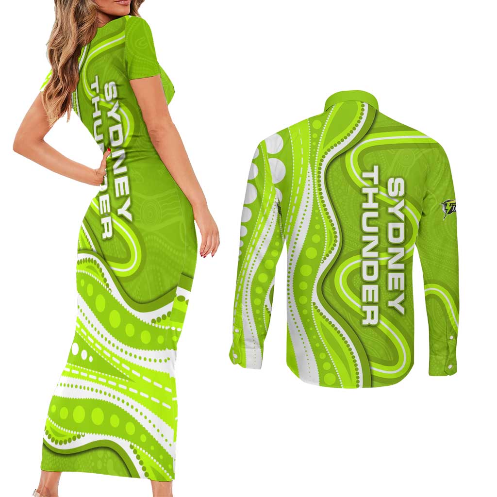 Sydney Thunder Couples Matching Short Sleeve Bodycon Dress and Long Sleeve Button Shirt Aboriginal Dot Art Green White - Tribal Wave Pattern
