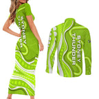Sydney Thunder Couples Matching Short Sleeve Bodycon Dress and Long Sleeve Button Shirt Aboriginal Dot Art Green White - Tribal Wave Pattern
