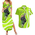 Sydney Thunder Couples Matching Summer Maxi Dress and Hawaiian Shirt Aboriginal Dot Art Green White - Tribal Wave Pattern