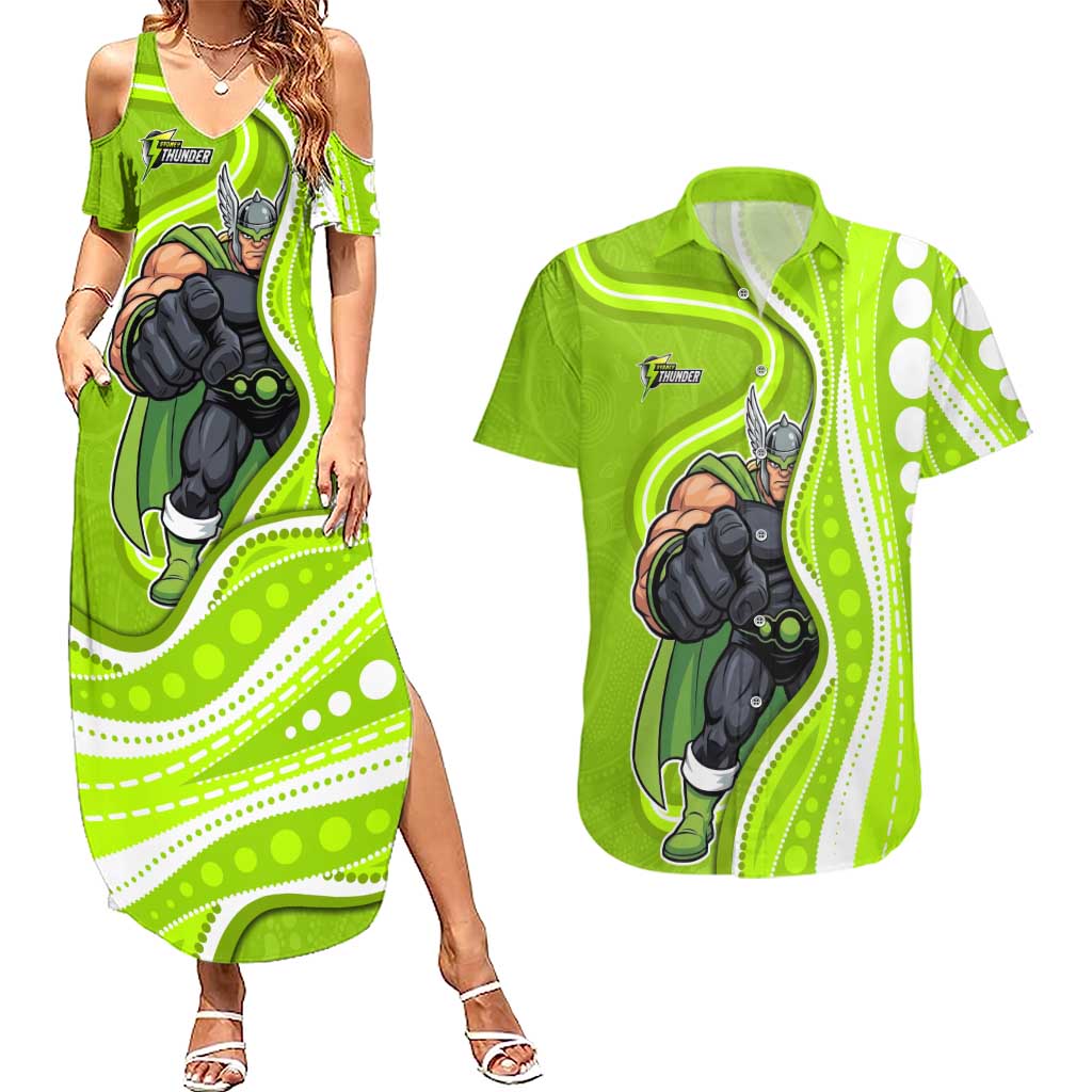 Sydney Thunder Couples Matching Summer Maxi Dress and Hawaiian Shirt Aboriginal Dot Art Green White - Tribal Wave Pattern