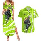 Sydney Thunder Couples Matching Summer Maxi Dress and Hawaiian Shirt Aboriginal Dot Art Green White - Tribal Wave Pattern