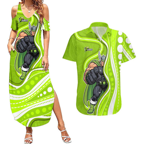 Sydney Thunder Couples Matching Summer Maxi Dress and Hawaiian Shirt Aboriginal Dot Art Green White - Tribal Wave Pattern