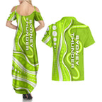Sydney Thunder Couples Matching Summer Maxi Dress and Hawaiian Shirt Aboriginal Dot Art Green White - Tribal Wave Pattern