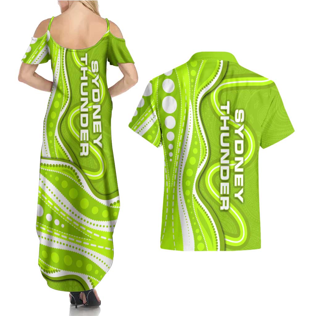 Sydney Thunder Couples Matching Summer Maxi Dress and Hawaiian Shirt Aboriginal Dot Art Green White - Tribal Wave Pattern