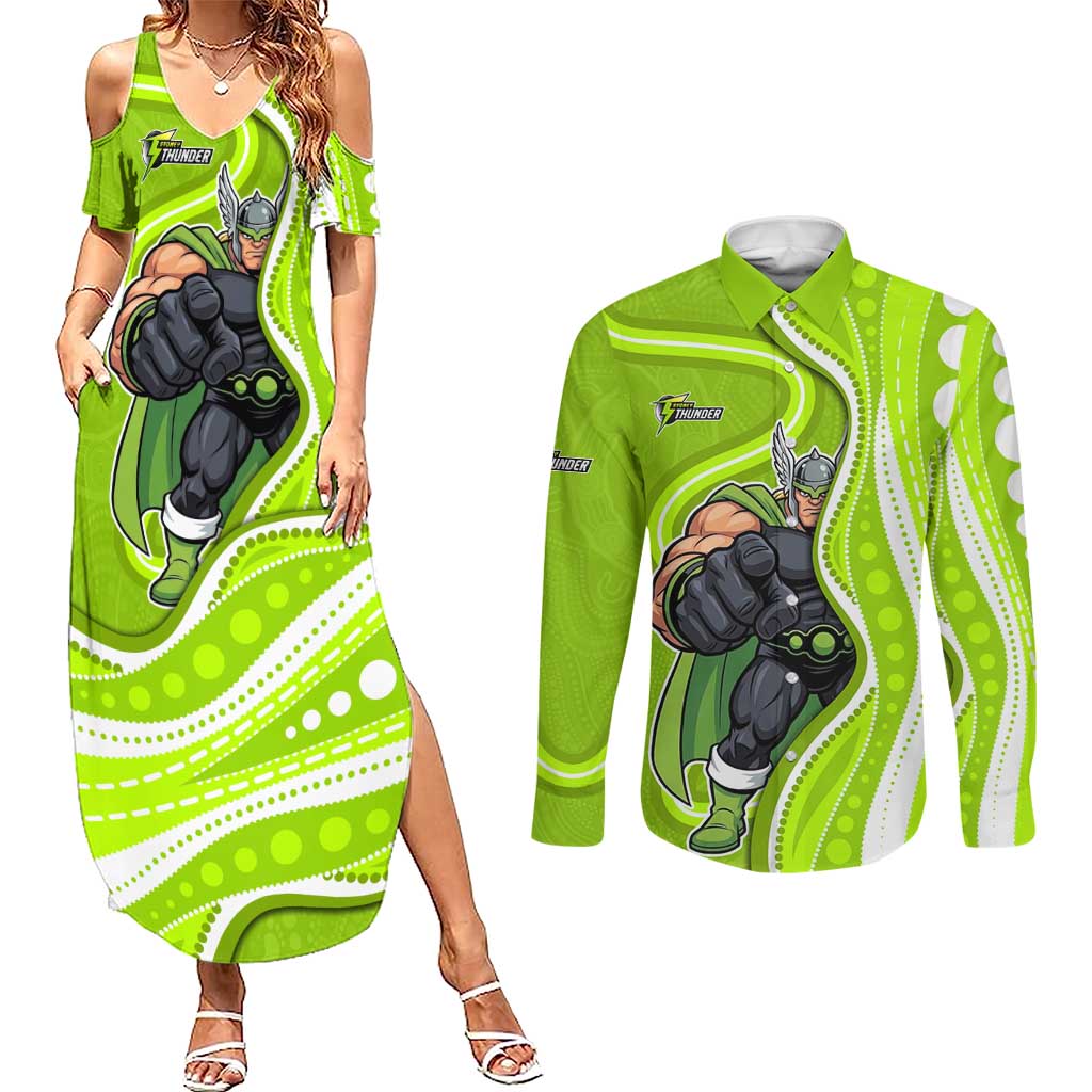 Sydney Thunder Couples Matching Summer Maxi Dress and Long Sleeve Button Shirt Aboriginal Dot Art Green White - Tribal Wave Pattern