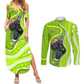 Sydney Thunder Couples Matching Summer Maxi Dress and Long Sleeve Button Shirt Aboriginal Dot Art Green White - Tribal Wave Pattern