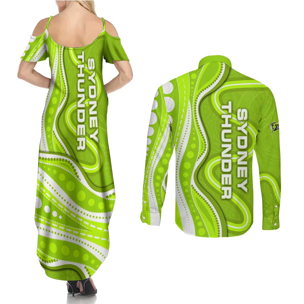 Sydney Thunder Couples Matching Summer Maxi Dress and Long Sleeve Button Shirt Aboriginal Dot Art Green White - Tribal Wave Pattern