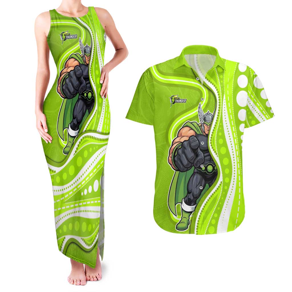 Sydney Thunder Couples Matching Tank Maxi Dress and Hawaiian Shirt Aboriginal Dot Art Green White - Tribal Wave Pattern