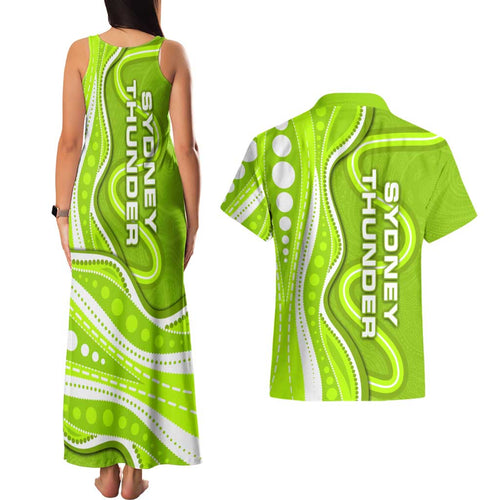 Sydney Thunder Couples Matching Tank Maxi Dress and Hawaiian Shirt Aboriginal Dot Art Green White - Tribal Wave Pattern