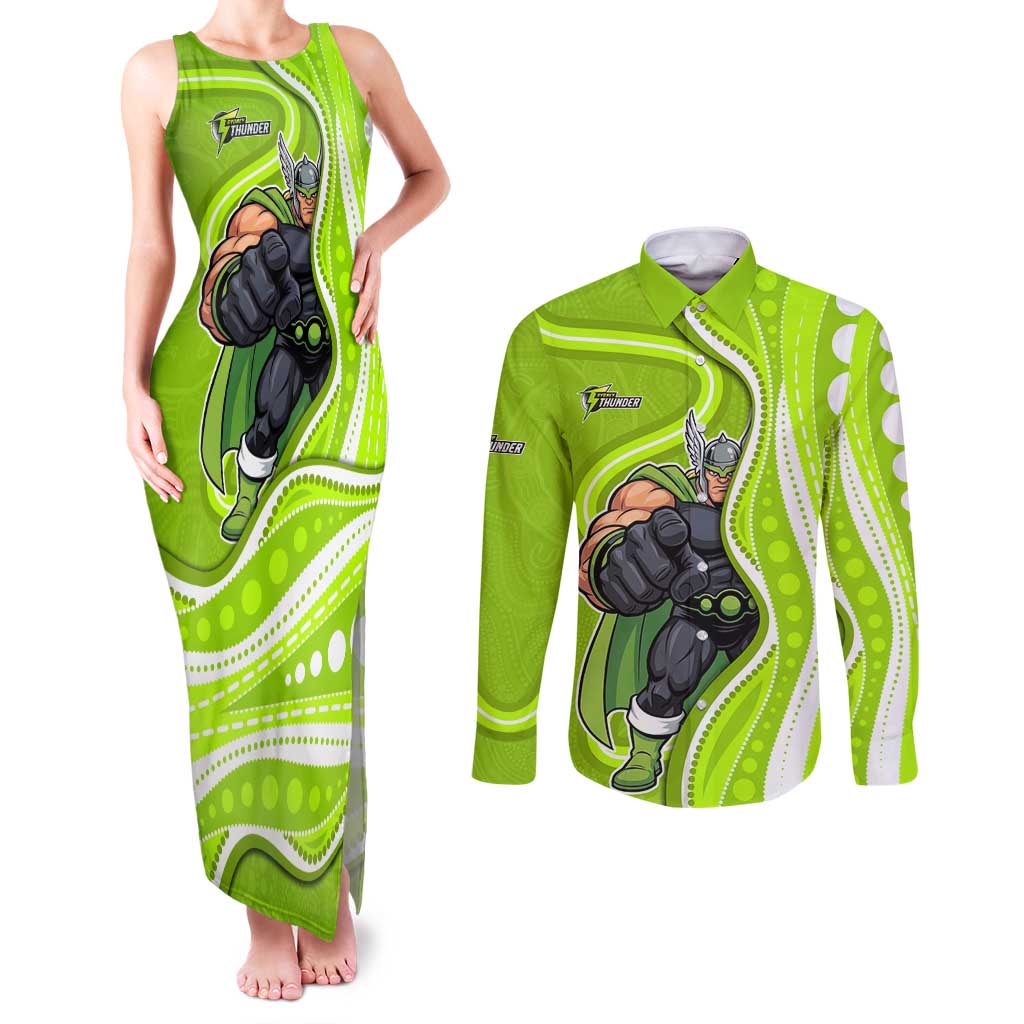 Sydney Thunder Couples Matching Tank Maxi Dress and Long Sleeve Button Shirt Aboriginal Dot Art Green White - Tribal Wave Pattern