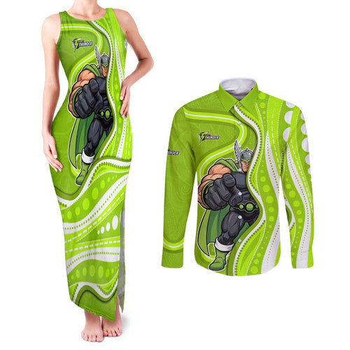 Sydney Thunder Couples Matching Tank Maxi Dress and Long Sleeve Button Shirt Aboriginal Dot Art Green White - Tribal Wave Pattern