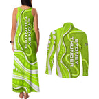 Sydney Thunder Couples Matching Tank Maxi Dress and Long Sleeve Button Shirt Aboriginal Dot Art Green White - Tribal Wave Pattern