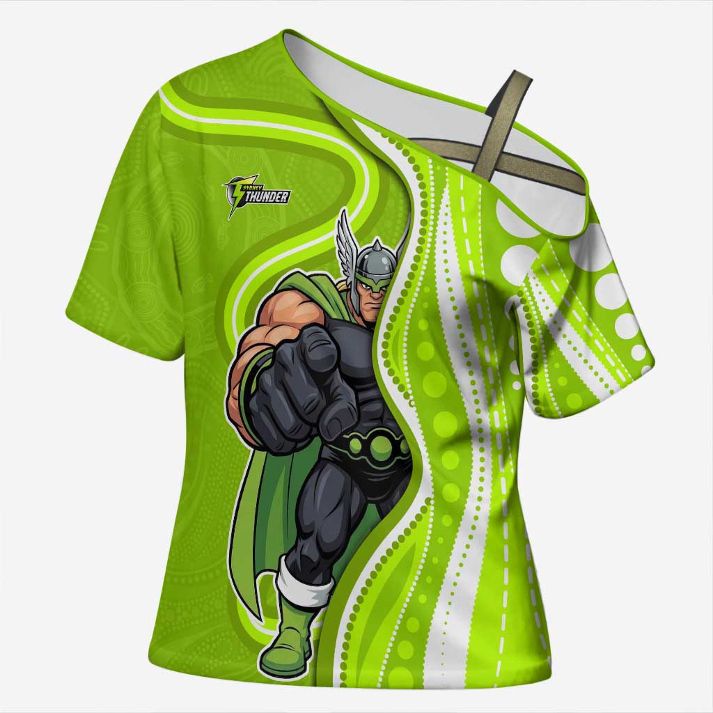 Sydney Thunder Cross Shoulder Shirt Aboriginal Dot Art Green White - Tribal Wave Pattern