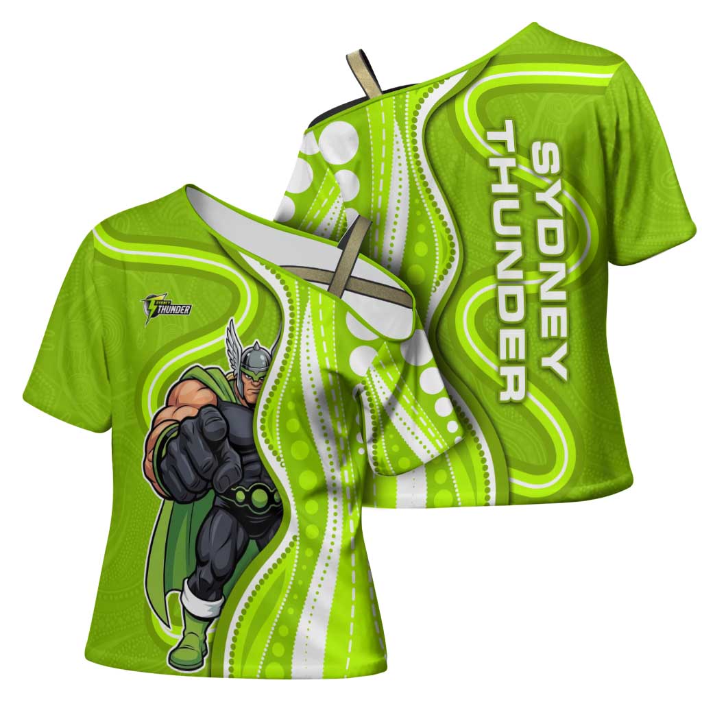 Sydney Thunder Cross Shoulder Shirt Aboriginal Dot Art Green White - Tribal Wave Pattern