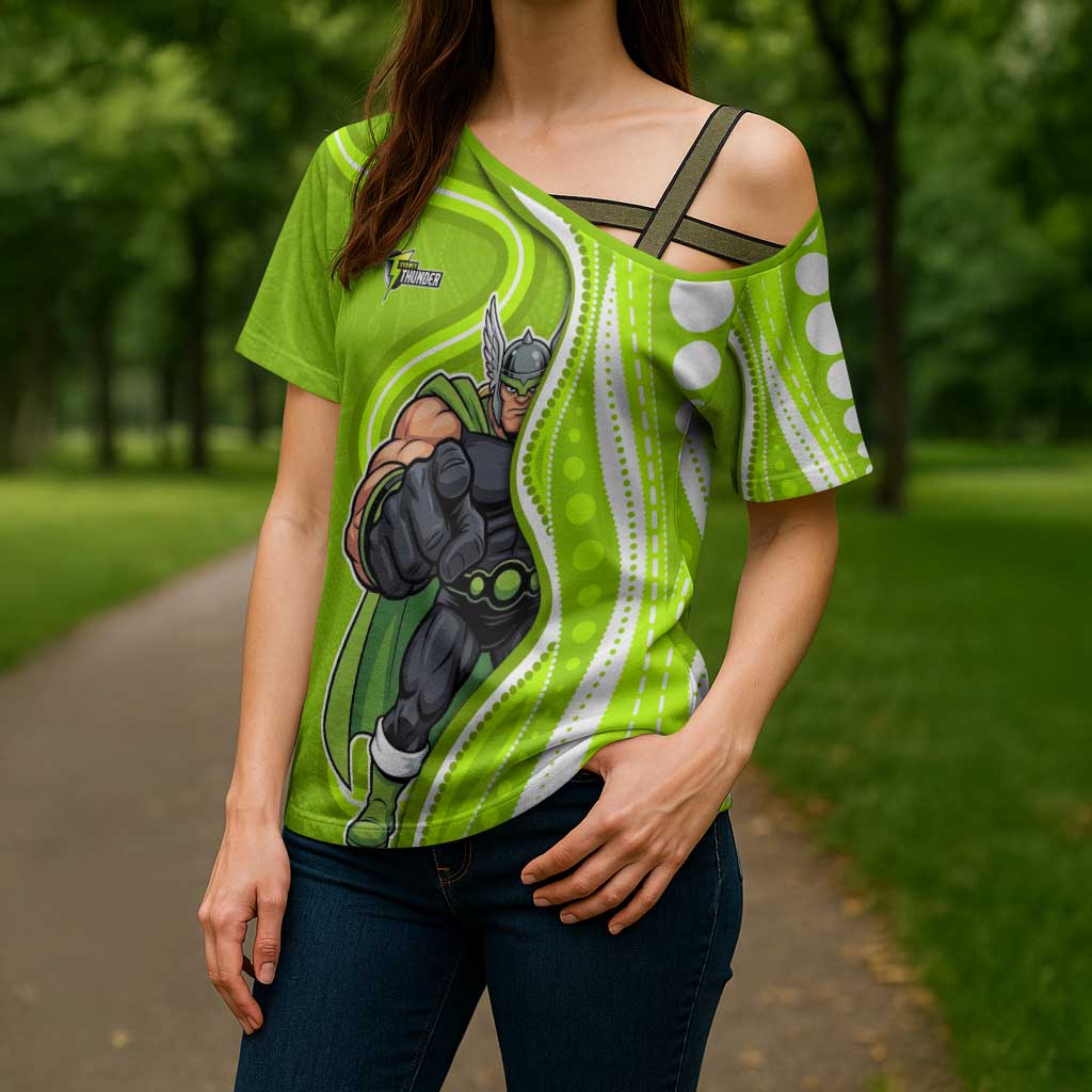 Sydney Thunder Cross Shoulder Shirt Aboriginal Dot Art Green White - Tribal Wave Pattern