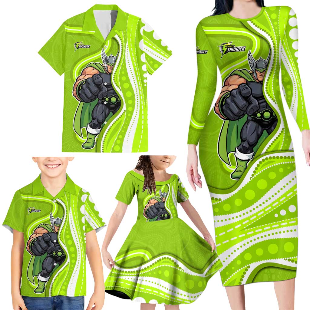 Sydney Thunder Family Matching Long Sleeve Bodycon Dress and Hawaiian Shirt Aboriginal Dot Art Green White - Tribal Wave Pattern