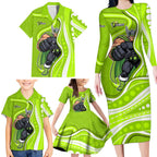Sydney Thunder Family Matching Long Sleeve Bodycon Dress and Hawaiian Shirt Aboriginal Dot Art Green White - Tribal Wave Pattern
