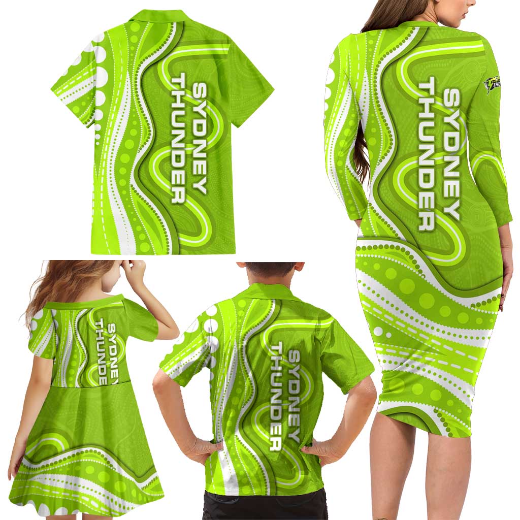 Sydney Thunder Family Matching Long Sleeve Bodycon Dress and Hawaiian Shirt Aboriginal Dot Art Green White - Tribal Wave Pattern