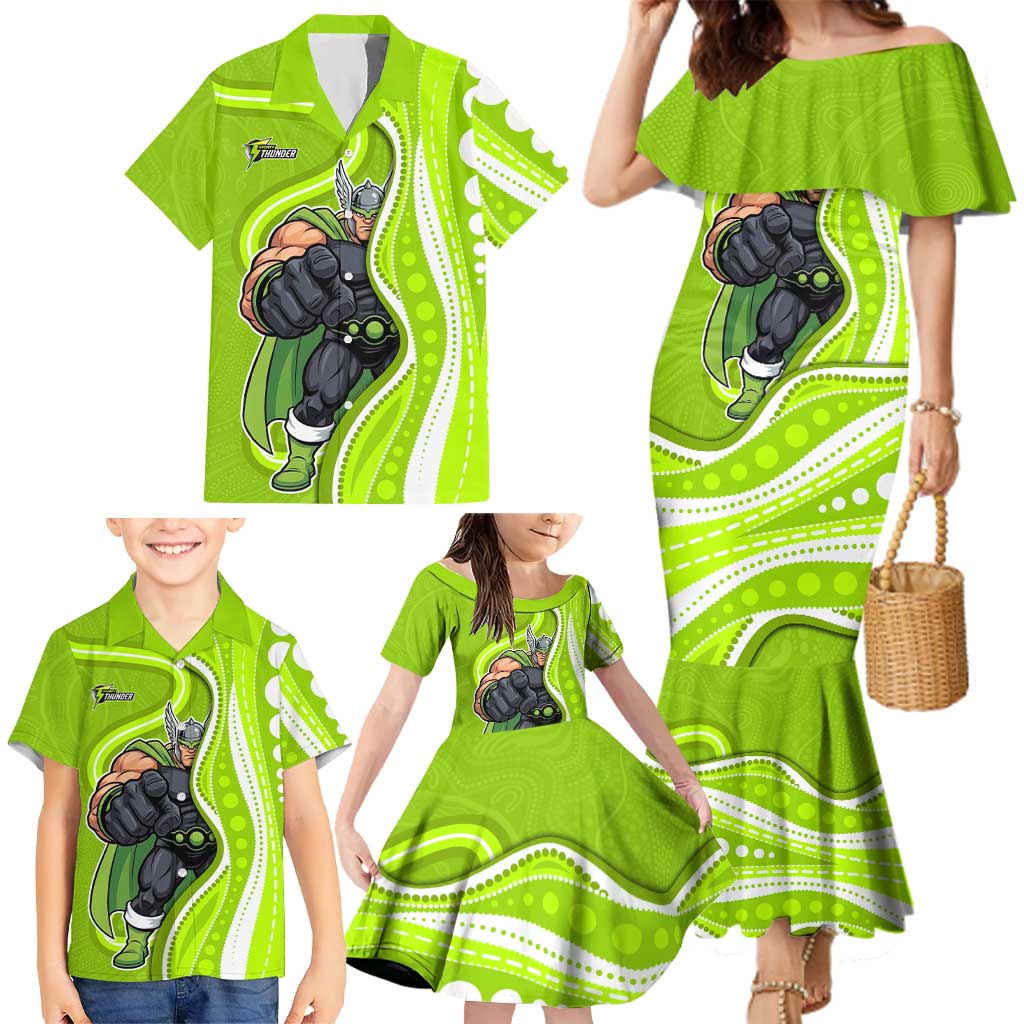 Sydney Thunder Family Matching Mermaid Dress and Hawaiian Shirt Aboriginal Dot Art Green White - Tribal Wave Pattern