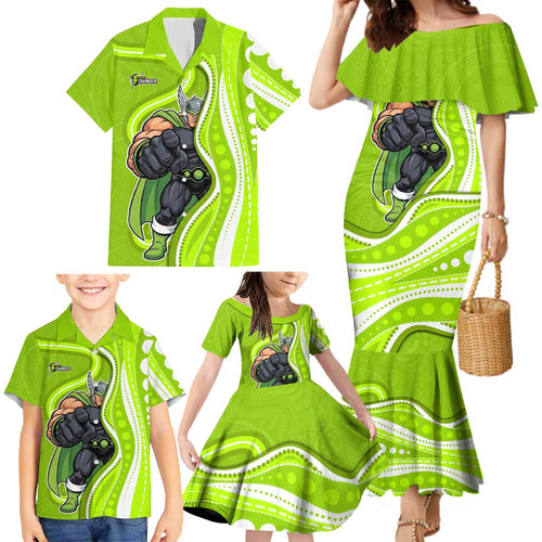 Sydney Thunder Family Matching Mermaid Dress and Hawaiian Shirt Aboriginal Dot Art Green White - Tribal Wave Pattern