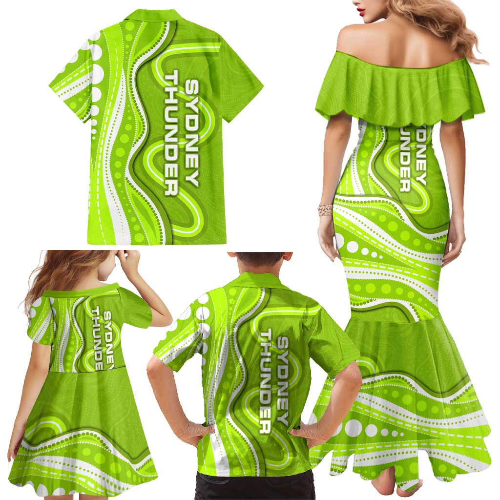 Sydney Thunder Family Matching Mermaid Dress and Hawaiian Shirt Aboriginal Dot Art Green White - Tribal Wave Pattern