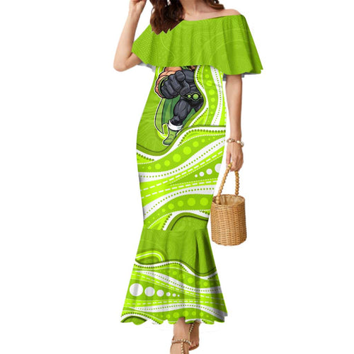 Sydney Thunder Family Matching Mermaid Dress and Hawaiian Shirt Aboriginal Dot Art Green White - Tribal Wave Pattern