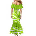Sydney Thunder Family Matching Mermaid Dress and Hawaiian Shirt Aboriginal Dot Art Green White - Tribal Wave Pattern