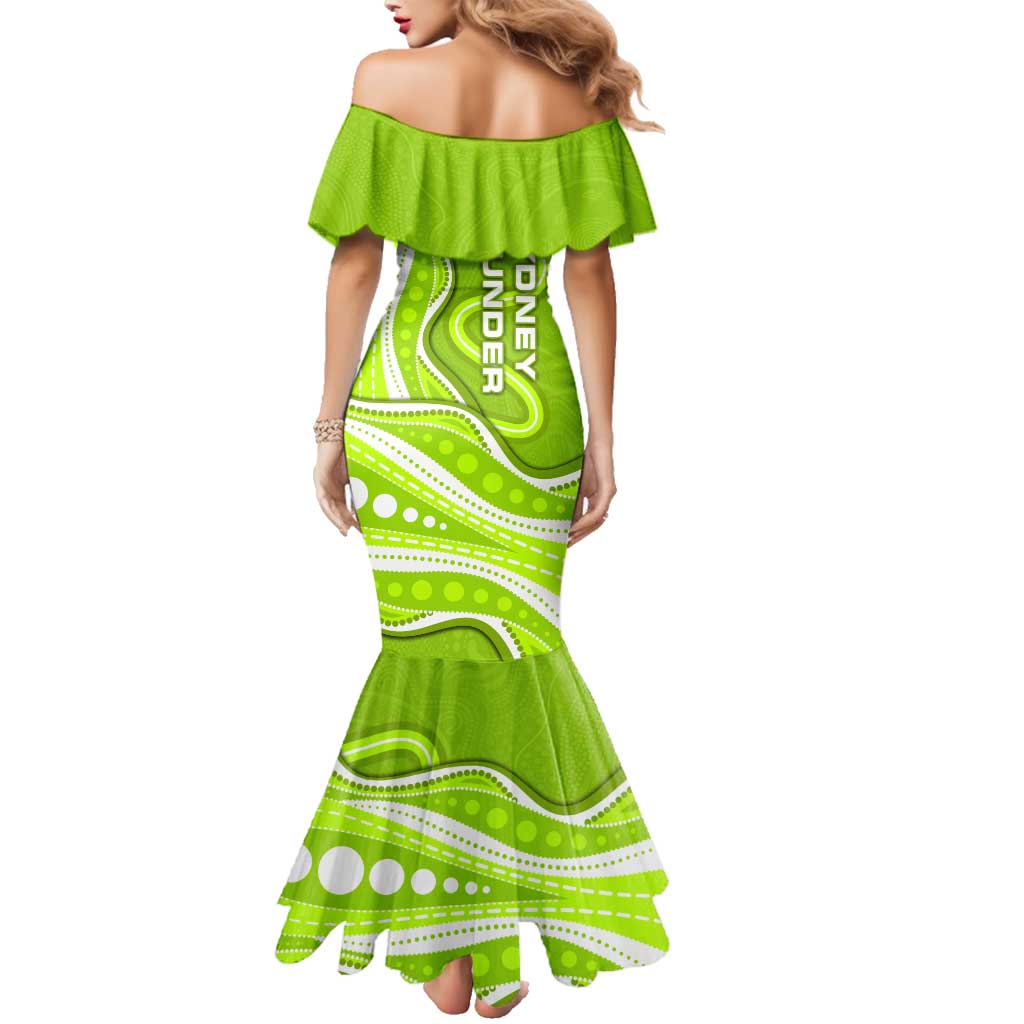Sydney Thunder Family Matching Mermaid Dress and Hawaiian Shirt Aboriginal Dot Art Green White - Tribal Wave Pattern