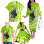 Sydney Thunder Family Matching Off The Shoulder Long Sleeve Dress and Hawaiian Shirt Aboriginal Dot Art Green White - Tribal Wave Pattern