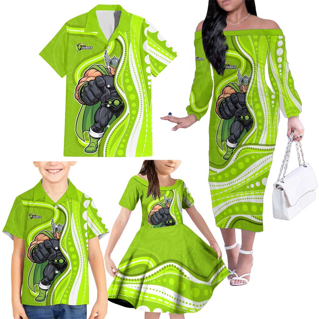 Sydney Thunder Family Matching Off The Shoulder Long Sleeve Dress and Hawaiian Shirt Aboriginal Dot Art Green White - Tribal Wave Pattern