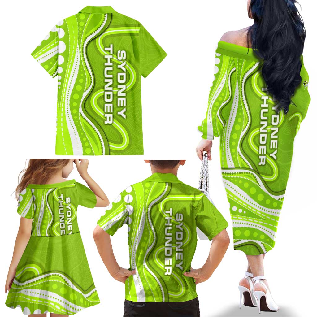 Sydney Thunder Family Matching Off The Shoulder Long Sleeve Dress and Hawaiian Shirt Aboriginal Dot Art Green White - Tribal Wave Pattern