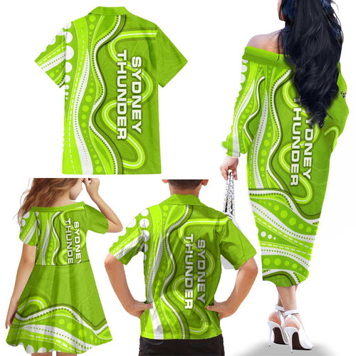 Sydney Thunder Family Matching Off The Shoulder Long Sleeve Dress and Hawaiian Shirt Aboriginal Dot Art Green White - Tribal Wave Pattern
